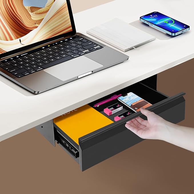 16" Under Desk Drawer Slide Out For Office Desk, Storage Organizer For Sit Stand Workstation, Black