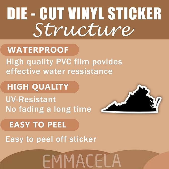 (3PCS) Virginia State Map Stickers, US State Stickers - Waterproof Vinyl Decals for Tumblers, Water Bottles, Laptops, Books, Scrapbooks, Great for Virginia Lovers 3 x 1.5 Inch