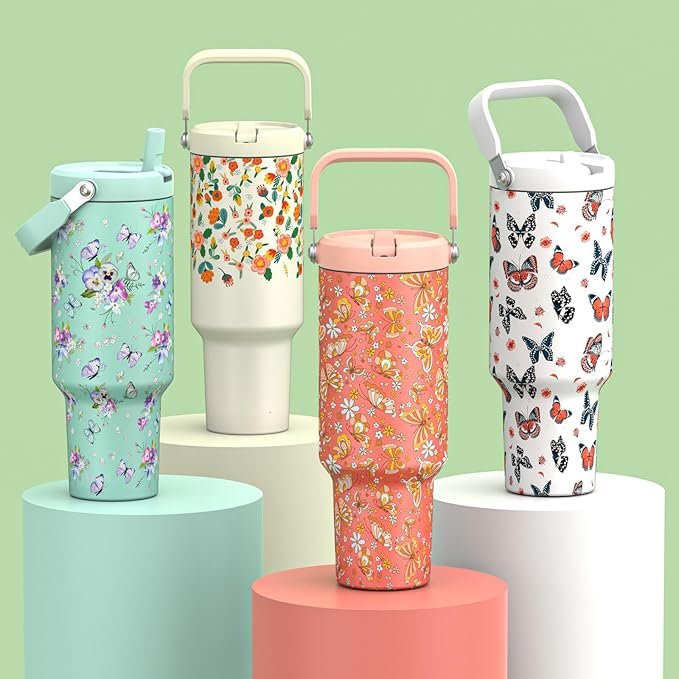 40 oz Insulated Tumbler with Top Handle and Flip Straw, Vacuum Insulated Stainless Steel Cup, Sweat-Free, Fits Cup Holder, Keeps Drinks Cold up to 30 Hours