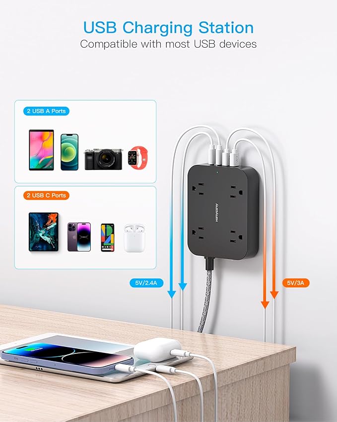 Black Extension Cord 15 Ft, HANYCONY Flat Plug Power Strip with 4 Outlets 4 USB Ports(2 USB C), Wall Mount Charging Station, No Surge Protector for Home Office College Dorm Room Travel Essentials