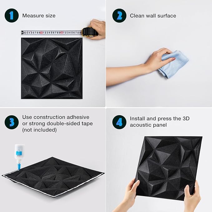 Acoustic 3D Wall Panels,12Pack Sound Proof Felt Panels for Interior Wall Décor, Hollow Sound Absorbing Panel for Studio, Living Room, Home, Hotel, 12''x12'' Cover 24 sq ft (Black, 12 Pack)