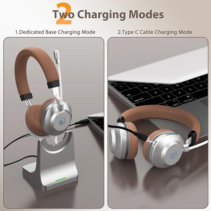 Wireless Headset with Mic for Work, Bluetooth Headset with Noise Cancelling Mic for Clear Calls, Bluetooth V5.3 Headphones with Mic Mute & USB Dongle, Charging Base for PC/Laptop/Phones/Call Center