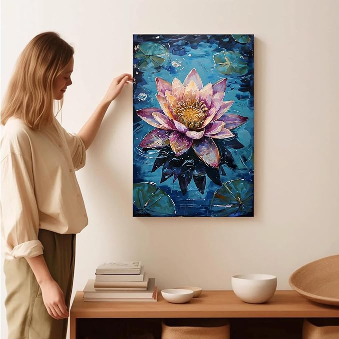 Gorgeous pink and purple water lilies on deep blue water Eye-catching oil painting Serene aquatic wall art for modern home decor 20x30in Frameless
