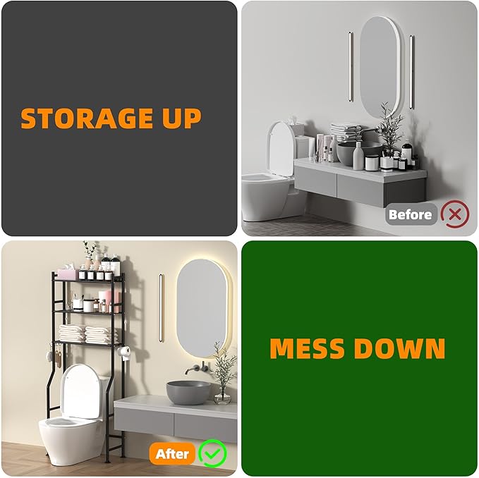 3-Tier Over Toilet Storage with Anti-Tilt Safety System - 150lb Total Capacity Metal Bathroom Shelves Including Paper Holder & 4 Hooks, Space Saving Above Commode Organizer (64" H, Black)