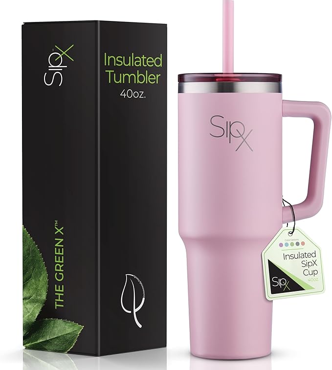 SIPX™ 40 oz Insulated Tumbler with Handle & Straw – Vacuum Insulated Stainless Steel, Leakproof, Cupholder Friendly – Perfect for Iced Coffee, Water & Travel – Pink