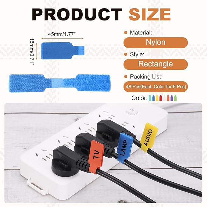 PATIKIL 48Pcs Cable Labels Tags, 1.8" Write on Wire Tags Cord Labels Hook Loop Rectangle Cable Ties for Electronics Organize Wire Classify Identification Management, Multicolor