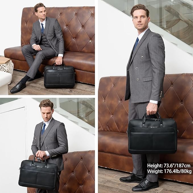 Masa Kawa Leather Briefcase for Men 17/15.6" Laptop Crossbody Shoulder Messenger Bag Business Travel Work Attache Case