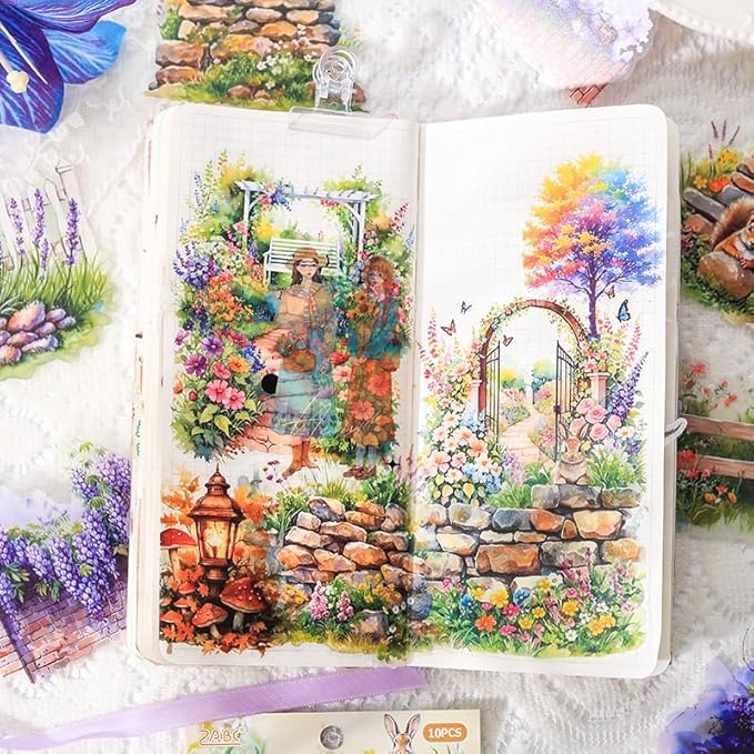 Dwpetzo Garden Flower Landscape Stickers for Journaling, 6 Themes Transparent PET Wildflower Brick Wall Fence Vines Stickers for Scrapbooking, Junk Journal Supplies, Collage, Planner, Mixed Media