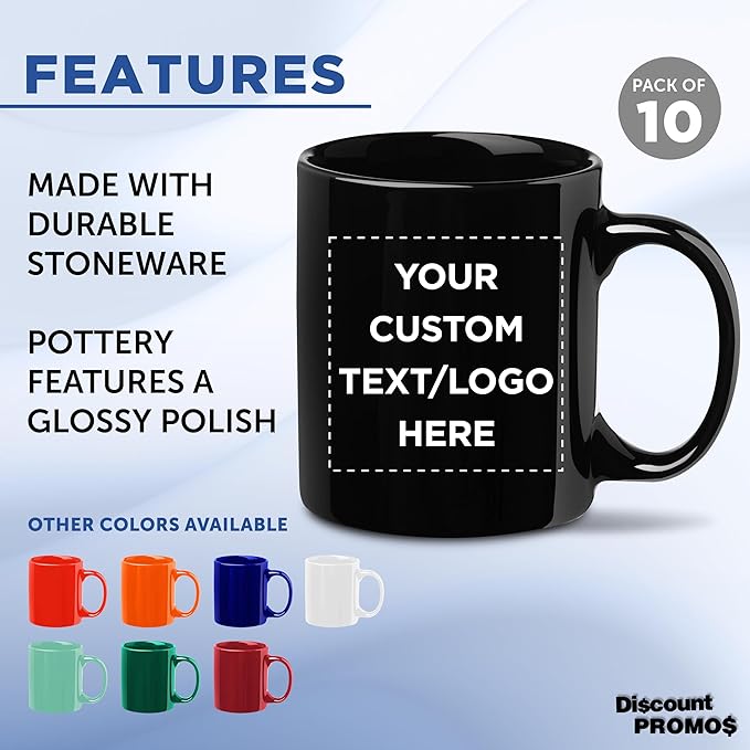 Custom Ceramic Coffee Mugs 11 oz. Set of 10, Personalized Bulk Pack - Coffee cup set, Iced coffee cup, Gaming mug - Black