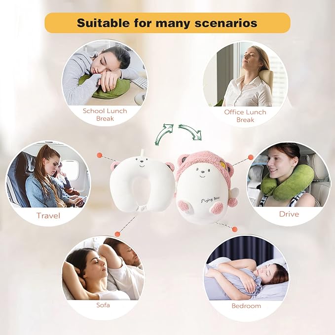 Kids Travel Pillow - 2-in-1 Deformable Kids Neck Pillow for Traveling, Soft U-Shaped Pillow with Adorable Animal Design, Comfy Sleep and Play, Ideal for Airplanes and Cars - Pink Bear