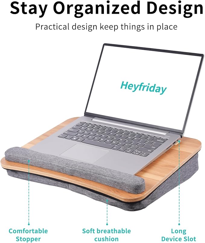 Heyfriday Home Office Lap Desk with Wrist Rest Laptop Bed Desk for Notebook, Laptop, Tablet, Lap Stand with Tablet, Phone Holder Fits Up to 14 Inch Laptops(Woodgrain)