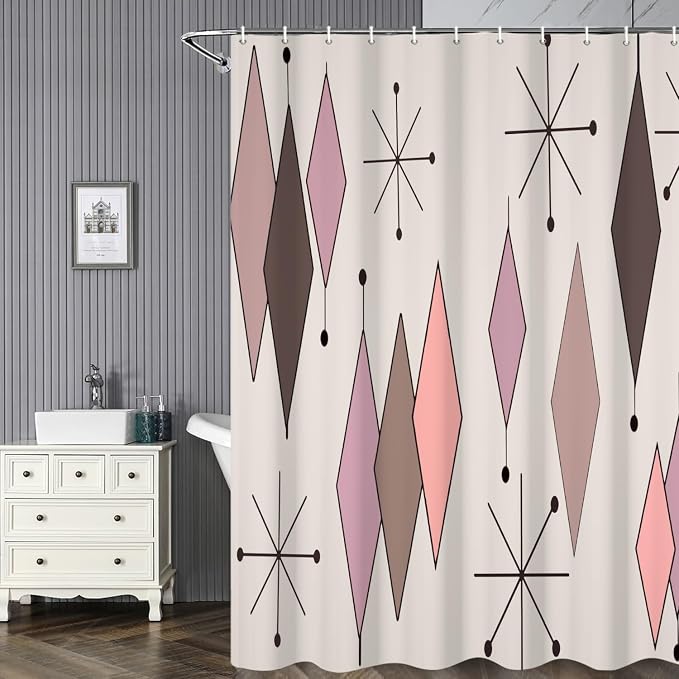 Mid Century Shower Curtain Vintage Abstract Pink Brown Diamond Geometric Atomic Starburst Pattern for 1950s Retro Bathroom Decor Accessories Shower Curtain Set with 12 Hooks, 72x96 Inches