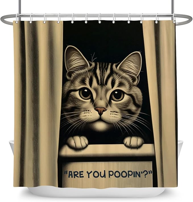 Cat Shower Curtains Cute are You Poopin' Funny Humorous Animal Whimsical Bathroom Curtain Curious Joke Cat Shower Curtain Sets for Bathroom Extra Long 60x72 in with 10 Hooks