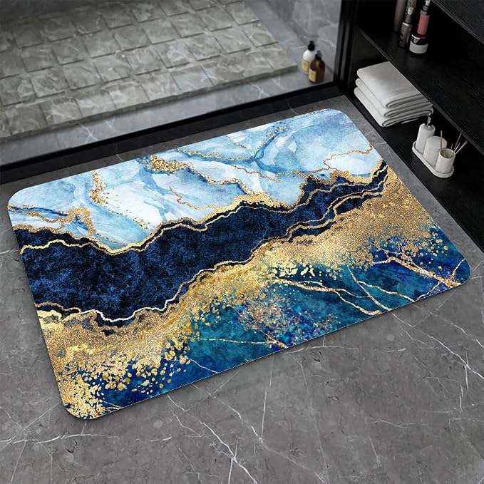 Diatomaceous Earth Bath Mat,Blue White Black and Gold Marble Non-Slip Volume Super Absorbent Fast Drying for Bathroom Kitchen Door mat,Eco-Friendly Easy to Clean 16×24Inch (40 * 60cm)