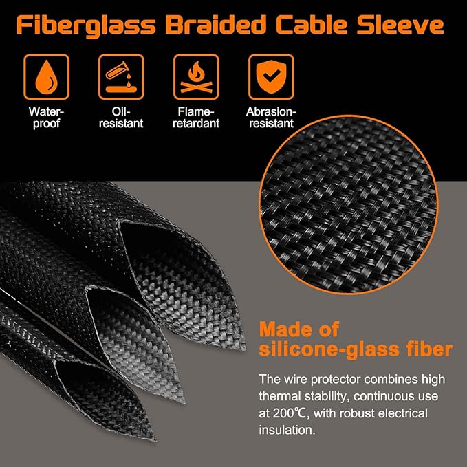 MECCANIXITY 20ft Braided Cable Sleeve, 1/2" ID 200C High Temperature 1500V Fiberglass Wire Insulation Cord Protector Organizer Wires Management for Motor Engine Fuel Line, Black