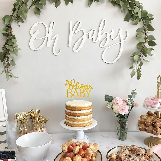 Gold Welcome Baby Cake Topper - Golden Glitter Baby Shower Cake Topper, Gender Reveal Celebration Party Cake Decoration