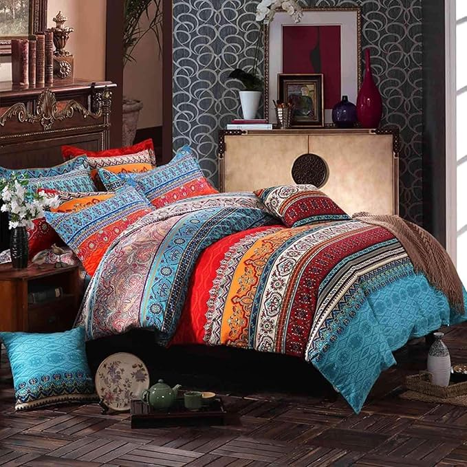 Bohemian Queen Comforter Set Soft Chic 3 Pieces Bedding Boho Queen Comforter Set Lightweight Exotic Red Teal Boho Mandala Colorful Vintage Comforter Bed Set for All Seasons (Queen)