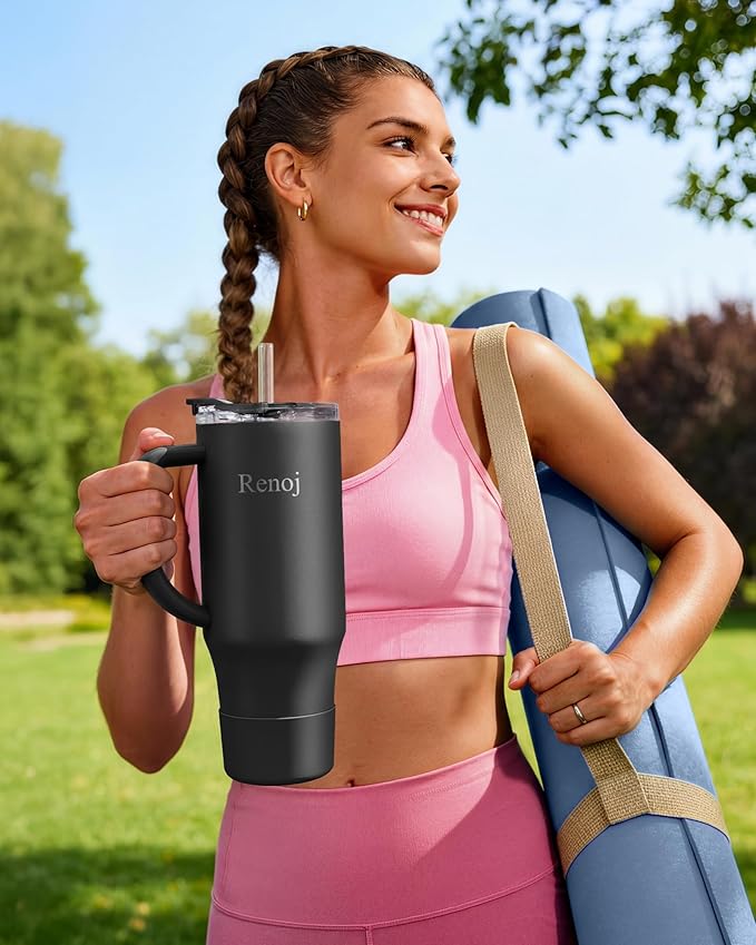 Renoj Tumbler with Handle 100% Leak Proof Insulated Water Bottle for Iced Coffee & Hot Drinks - Fits Car Cup Holder, Ideal Gift, 2 Straws & Silicone Boot BPA-Free - SnapShift Black 40 oz