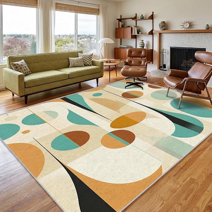 Retro Mid Century Rug 7x8, Washable Modern Geometric Rugs for Living Room Bedroom, Abstract Mid-Century Area Rug for Home Decor, Non Slip Backing Floor Carpet - 7 x 8 ft