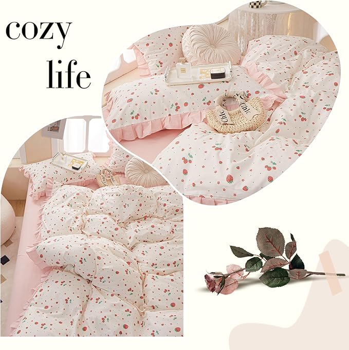 Kawaii Strawberry Comforter Set Twin XL Cute Ruffle Comforter with 2 Pillowcases White Fluffy Microfiber Kids Girls Bedding Comforter Strawberry Printed Ruffled Comforter Set Twin XL for All Seasons