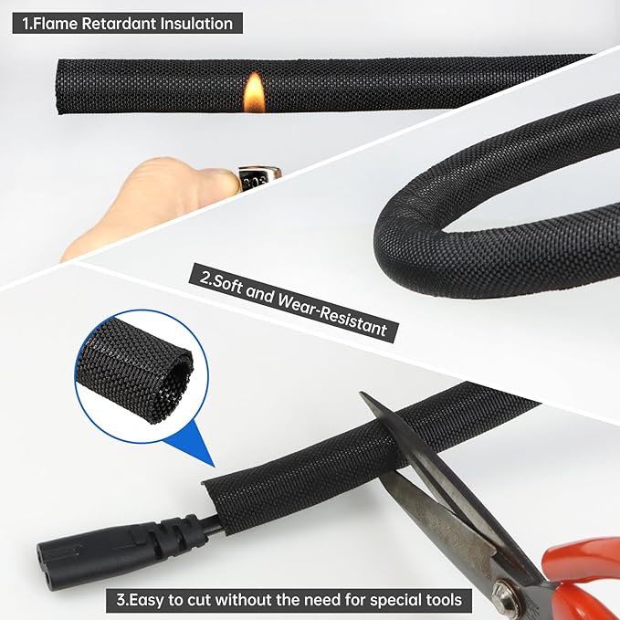 YOUBO Split Braided Cable Sleeve，Flexible Wire Loom Tubing, Automotive Cord Protector Pet Proof, Cable Management for Computer TV Electric Wires Harness 16ft (Black, 32mm（1-1/4")