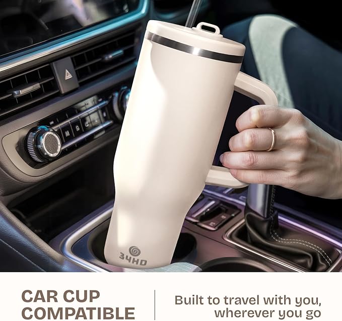 34HD 40 oz Stainless Steel Tumbler - Leakproof Insulated Water Bottle with Handle, Magnetic Lid and Flexible Straw - Iced for 48 Hours – Perfect for Men, Women, Birthday Gift, White - Vanilla Cloud