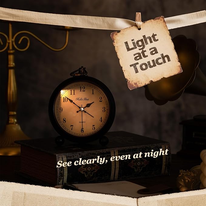 Hdisha Vintage Alarm Clock, 5 inch Battery Operated Silent Non Ticking Snooze Small Clock with Night Light, Old Fashioned Desk Clock Decor for Bedroom, Bedside, Living Room, Room (Arabic)