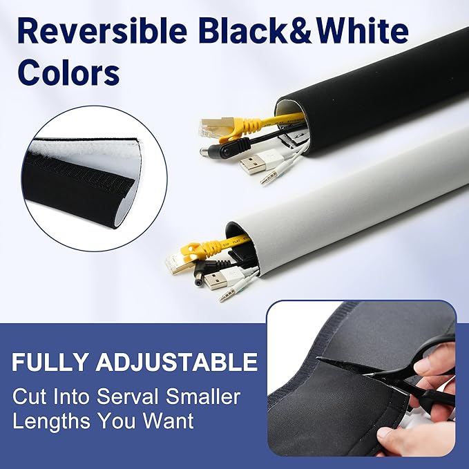 Cable Management Sleeve 5ft (60 inch) - 1.5 inch, 2-Pack, Hook-and-Loop Cuttable Neoprene Cord Organizer, Split Wire Reversible Cord Protector for TV USB PC Ethernet Cable Hider Protect Pets Kids