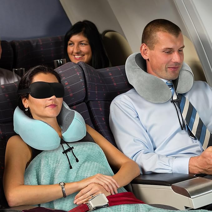 Travel Pillow and Blanket Set Neck Pillow Airplane Memory Foam for Traveling Compact with Bag Blue Green