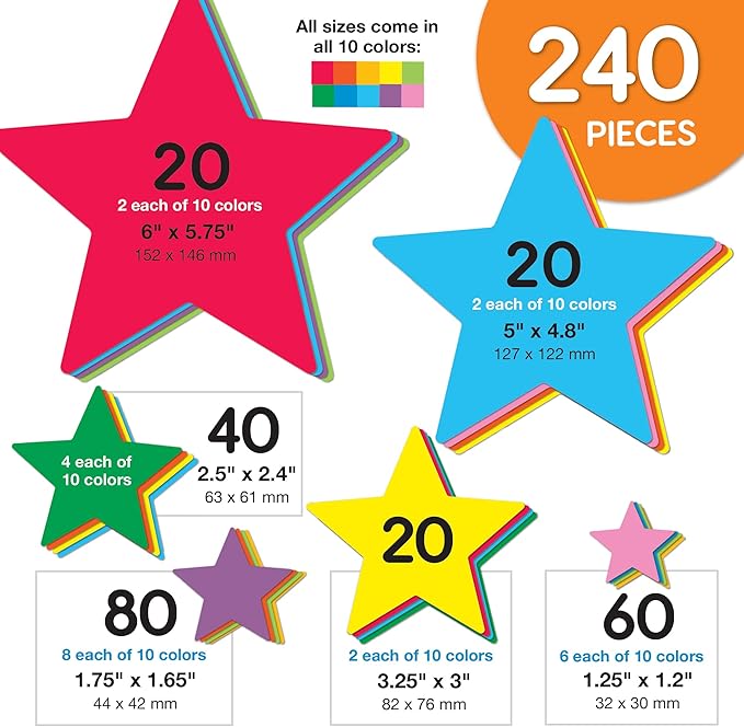 240 Pieces Star Cutouts, 2-Sided US Made Card Stock Punch Out Multicolor Stars for Bulletin Boards, Classroom Decor, Back to School DIY Craft Projects, Party Decoration, Hollywood Themed Events