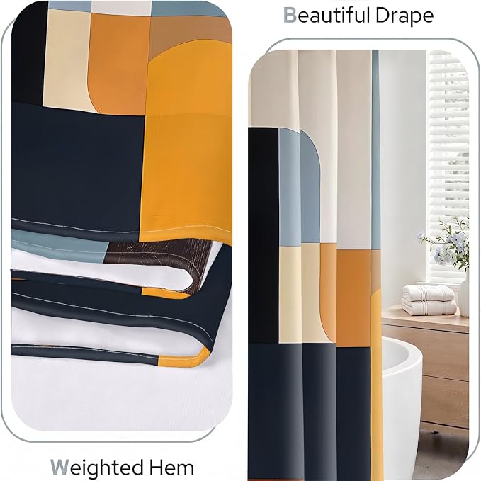 Brown Mid Century Shower Curtain, Abstract Geometric Modern Pattern, Navy Blue and Yellow Boho Bathroom Decor, Retro Art Waterproof Fabric Bath with Hooks, 90x70 Inch