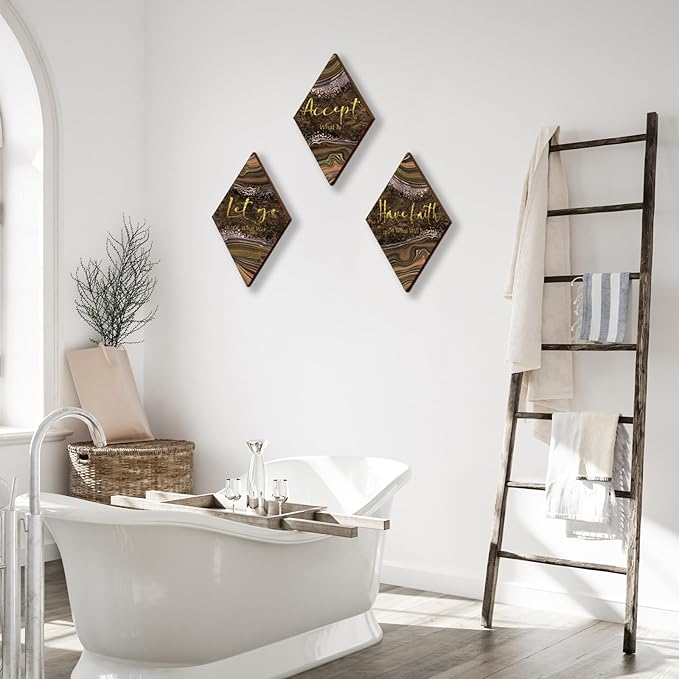 ONIZHITY 3 Pcs Brown Gold Bathroom Decor Brown Wall Decor with Accept Let Go Have Faith Quote Rustic Vintage Farmhouse Wooden Hanging Signs for Home Living Room Bedroom Office(12x7 Inches)