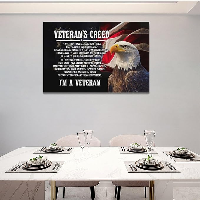 Veteran Wall Art Patriotic Pictures Wall Decor Military Canvas Prints Veterans Day Decorations Painting Framed Bald Eagle Artwork Office Home Man Cave Decor For Bathroom Bedroom Living Room 24"x16"