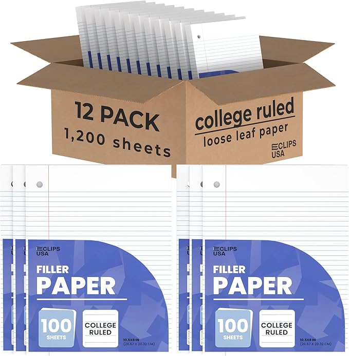 Loose Leaf Paper College Ruled Notebook Paper College Ruled Lined Writing Filler Paper 10.5” x 8” 1200 Sheets 100 Sheets Per Pack 60 gsm (12 Pack)