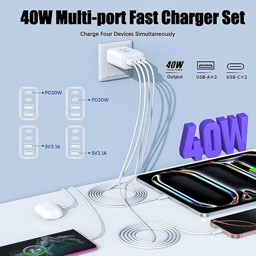 iPhone 17 16 Charger,4-Port USB C Charger Block Fast Charging 2Pack 40W Apple Wall Charger with 10FT USB C to C Woven Braid Cable Cord for iPhone 17 Pro Max/17 Pro/17/Air/16e/16 Pro Max/16 Plus/15
