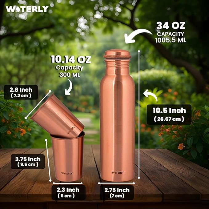 Plain Copper Water Bottle (34 Oz /1000ml) With Set Of 2 Tumbler (10 Oz/300ml Each) | Best use for Office,Gym & gifts |100% Pure Copper Material with Leak proof Quality Made In India