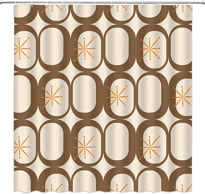Mid Century Modern Shower Curtain Abstract Atomic Geometric Round Squares Retro 50s Brown Fabic with Hooks for Bathroom Decor,60x70 Inch