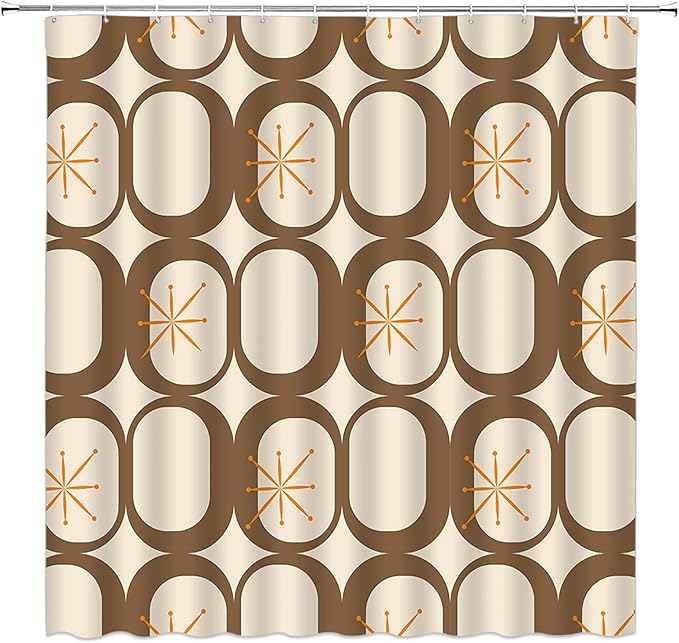 Mid Century Modern Shower Curtain Abstract Atomic Geometric Round Squares Retro 50s Brown Fabric Curtain with Hooks for Bathroom Decor,70x70 Inch