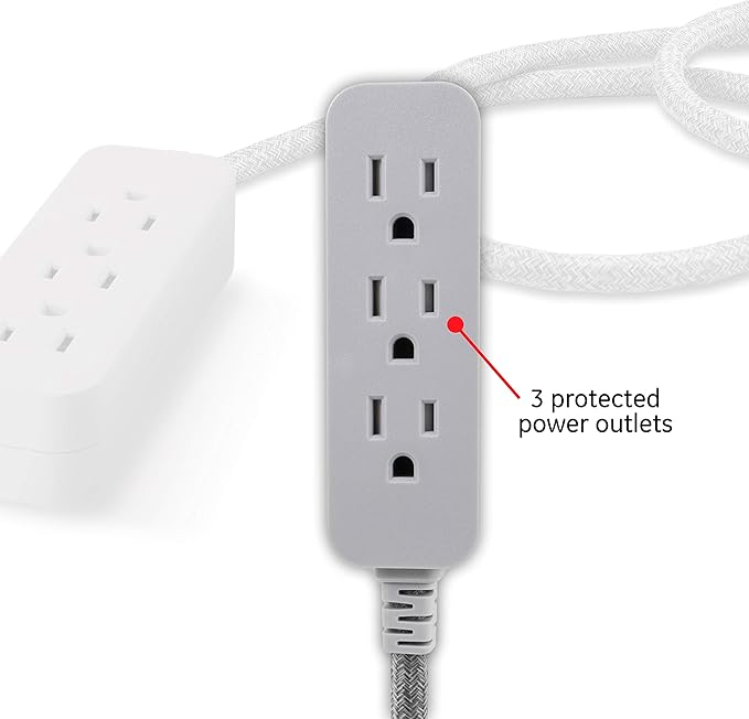 GE Pro 3 Outlet Surge Protector Power Strip, 8 Ft Designer Braided Extension Cord, Flat Plug, Wall Mount, Heather Gray, 45916