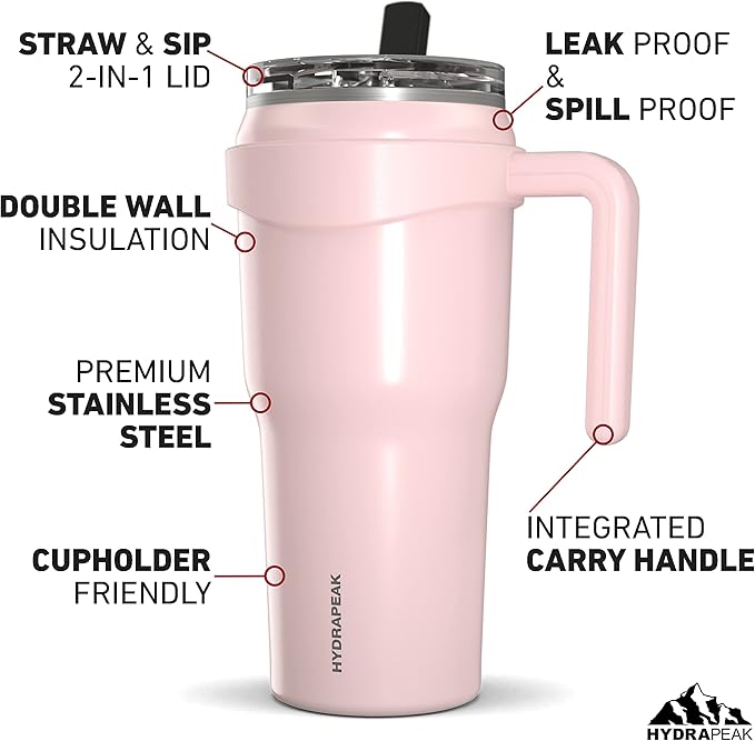 Hydrapeak Roadster 40oz Stainless Steel Tumbler Double Wall Vacuum Insulated Water Bottle With Handle And 2 in 1 Straw Lid (Seashell)