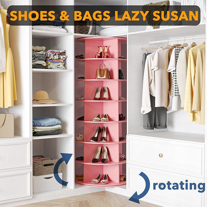 SpaceAid 7 Tier Rotating Shoe Rack Tower, Spinning Shoe Display Lazy Susan, Revolving 360 Shoe Rack Storage Round Carousel, Vertical Handbag Rotate Shoes Closet Organization (7-Tier Pink)
