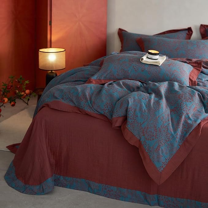 Blue Red Duvet Cover Full Forest Theme Retro Floral Duvet Cover Vintage Jacquard Bedding Set Premium Yarn-Dyed Cotton Linen Duvet Cover Botanical Tree Leaves Bedding Comforter Cover with Zipper Ties
