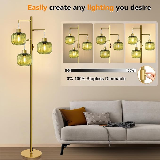 Modern Floor Lamp for Living Room, Dimmable Gold Standing Lamp with Green Glass Shade, Mid Century 3 Lights Tall Lamp, Vintage Retro Floor Lamps for Bedroom, 3×6W Bulbs Included