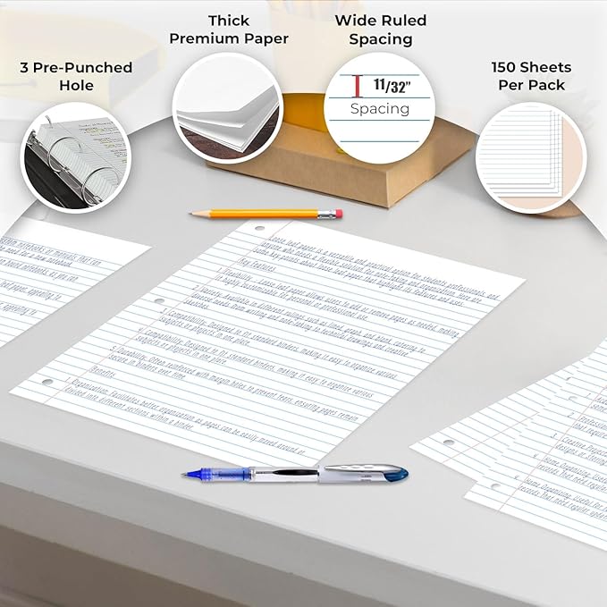 Rosmonde Loose Leaf Paper, 900 Sheets, 6 Pack, Wide Ruled, 8" x 10.5", 56 gsm Bulk Office Filler Sheets, 3 Hole Punched, 150 Sheets/Pack, Wide Ruled for 3 Ring Binder, Notebook Paper, White