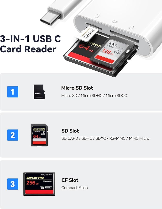 USB C SD Card Reader for 15/iPad/MacBook/iMac, xdgeLoad 3 Slots Type C Reader Supports SD/Micro SD/CF Compact Flash Memory Card Adapter, Trail Camera Viewer Plug and Play