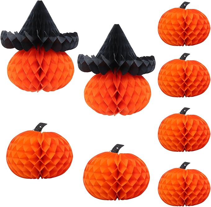 8 Pcs Honeycomb Pumpkin Decorations Halloween Party Set 3 Sizes Tissue Paper Honeycomb Balls for Indoor, Window Spooky Party Haunted House Decor