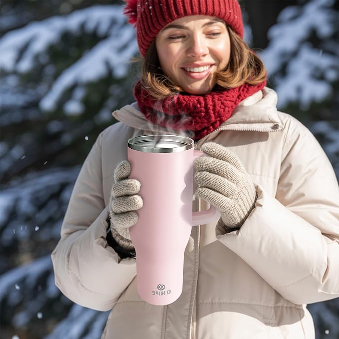 34HD 40 oz Stainless Steel Tumbler - Leakproof Insulated Water Bottle with Handle, Magnetic Lid and Flexible Straw - Iced for 48 Hours – Perfect for Men, Women, Birthday Gift, Pink - Rose Dust