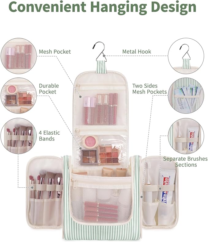 Narwey Striped Hanging Travel Toiletry Bag for Women, Travel Bag for Toiletries, Makeup Bag Organizer Cosmetic Bags Make Up Bags for Women (Mint Green Stripe)