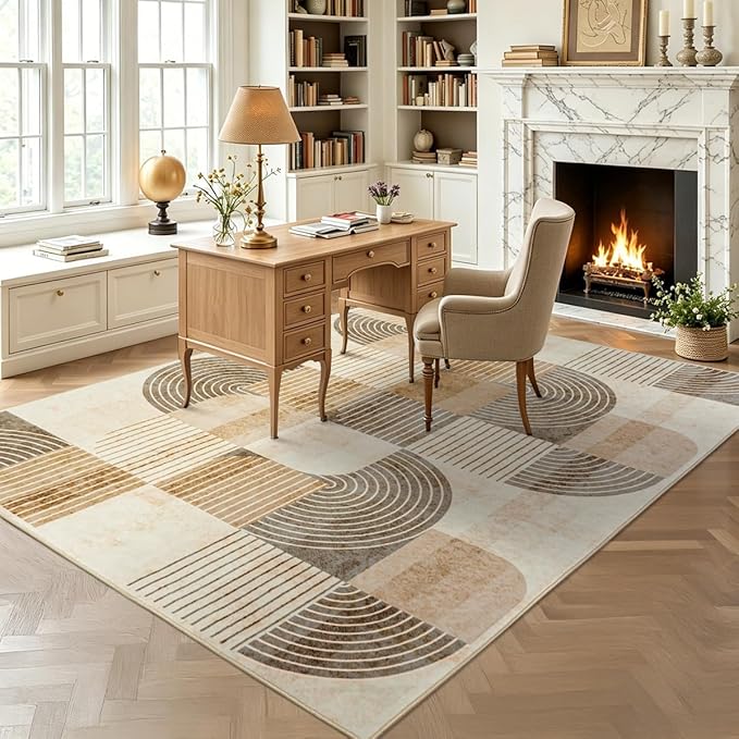 Living Room Area Rugs 6x9 - Large Washable Modern Rug for Bedroom, Non-Slip Geometric Abstract Carpet Indoor Floor Neutral Beige Mat for Dining Room Nursery Office