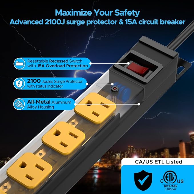 Mountable Long Power Strip, 2100 Joules Heavy Duty Surge Protector Power Strip, Slim Metal Power Bar with 6ft 14AWG Cord, 8-Outlet, ETL Listed, for Wall Mount, Under Desk, Garage, Workshop, and Office